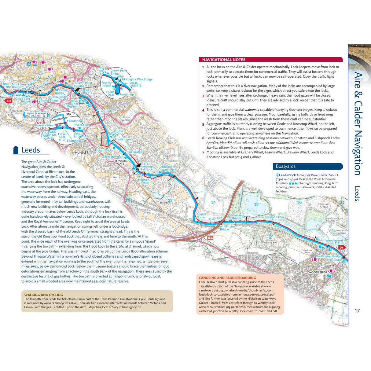 Discover the detailed map of Aire and Calder Navigation near Leeds in the Nicholson Waterways Guide 5: North West and the Pennines. Perfect for walking and cycling, it includes navigational notes, local info, boatyards, locks, services, and landmarks marked with text and symbols.