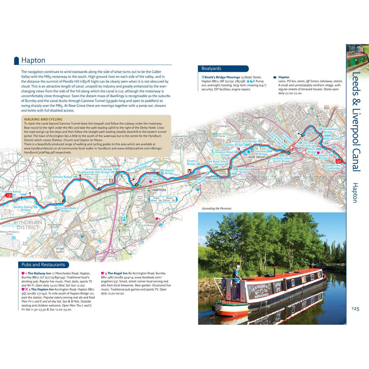 Explore the Leeds & Liverpool Canal near Hapton with the Nicholson Waterways Guide 5: North West and the Pennines. Discover cycling, walking routes, boating facilities, landmarks, charming narrowboat photos among lush trees, and nearby pubs and restaurants for a delightful day out.