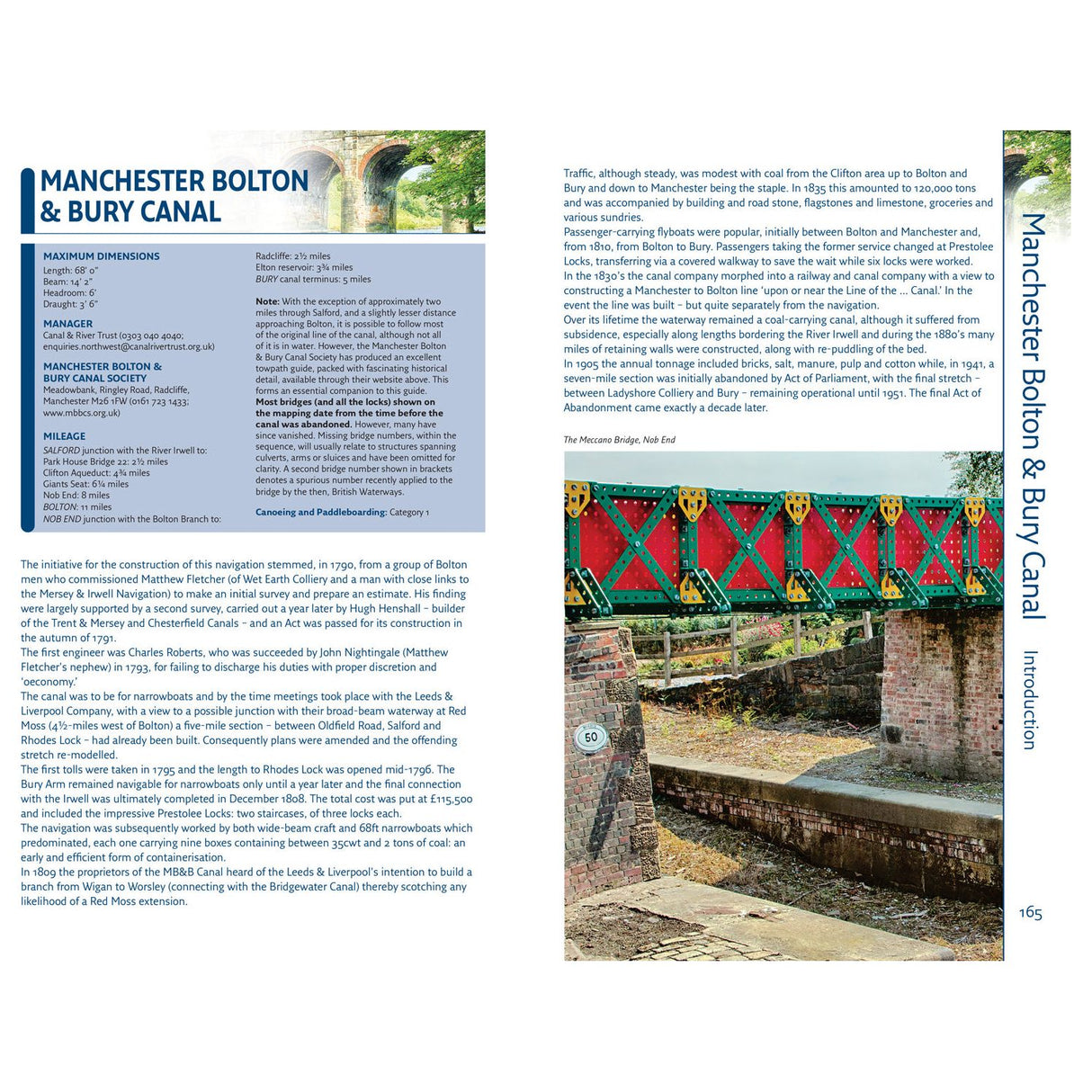 A double-page spread about the Manchester Bolton & Bury Canal resembles a spread from the "Nicholson Waterways Guide 5: North West and the Pennines," with historical text on the left page and an image of the canal featuring brickwork, greenery, and colorful railings on the right.