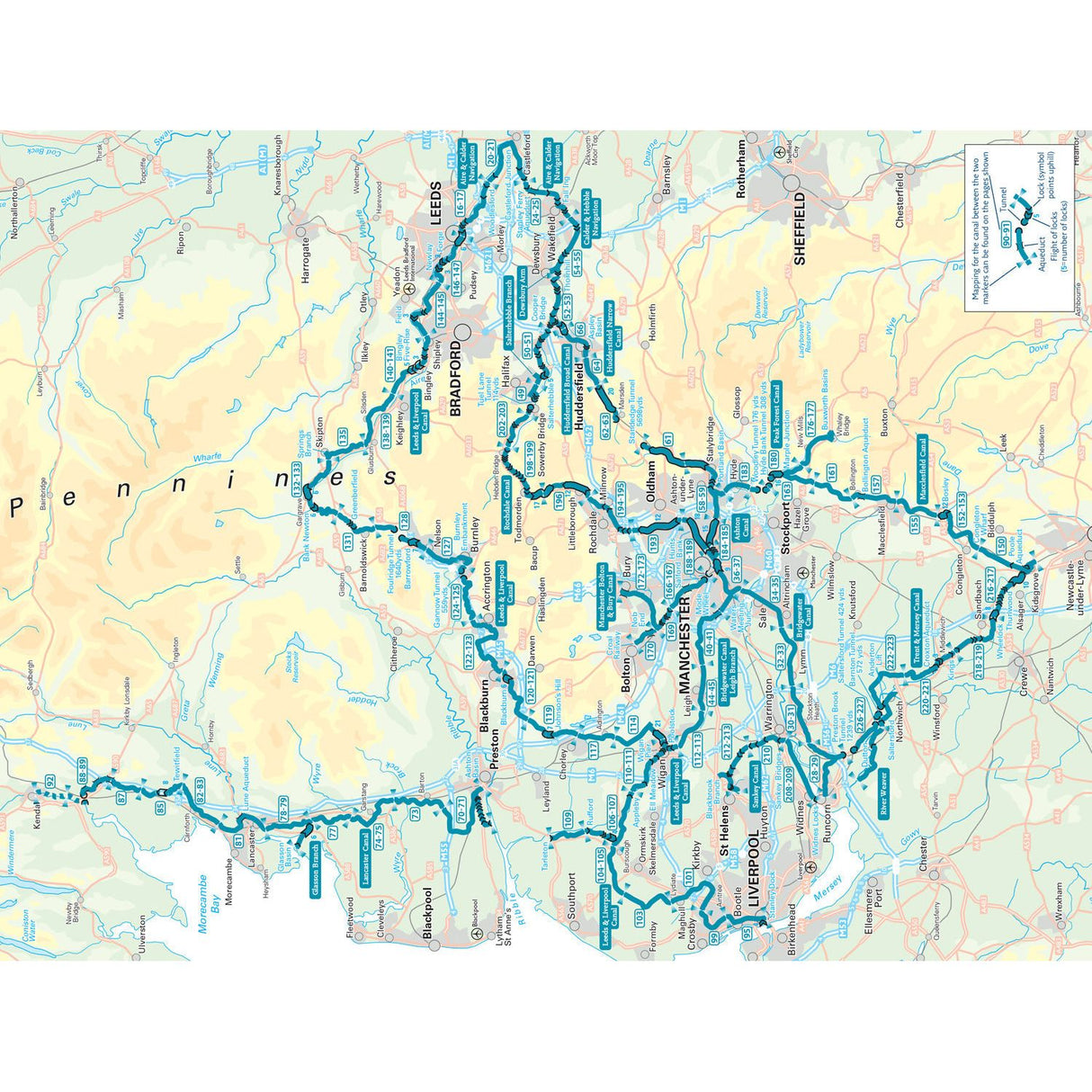 Map showcasing the UK regional rail network interwoven with canals and waterways connects key cities like Leeds, Manchester, Sheffield, and Liverpool via blue rail lines. Enhanced by Nicholson's Waterways Guide 5: North West and the Pennines, it features geographical elements and navigational notes.