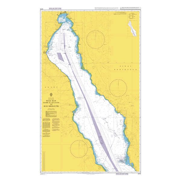 Product image of Admiralty Chart 2373 | Suez Bay (Bahr al Qulzum) to Ra's Sharatib, featuring navigational markings, depth soundings, and coastal features, essential for safe marine navigation. It could be displayed as an art piece or used for navigation on a boat or ship.