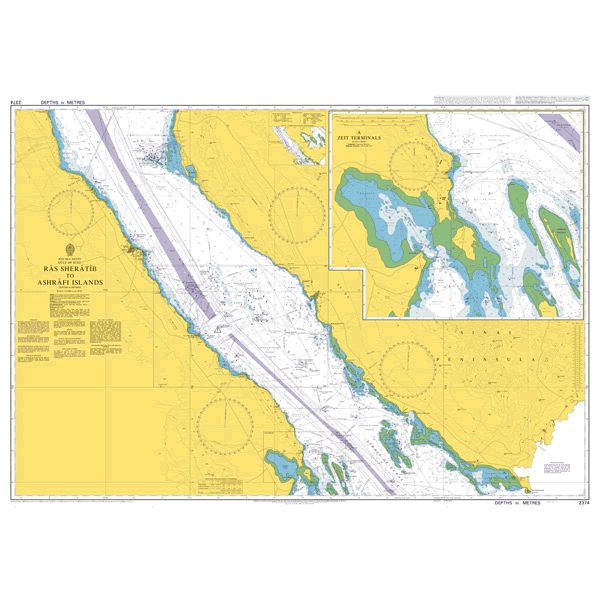 Product image of Admiralty Chart 2374 | Ra's Sharatib to Juzur Ashrafi, featuring navigational markings, depth soundings, and coastal features, essential for safe marine navigation. It could be displayed as an art piece or used for navigation on a boat or ship.