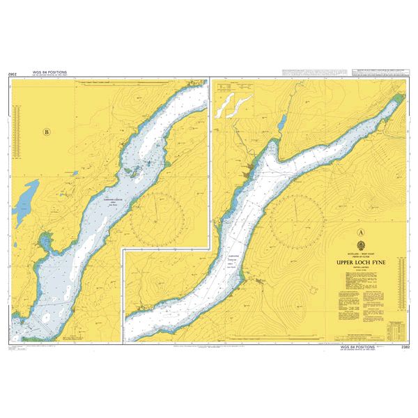 Product image of Admiralty Chart 2382 | Upper Loch Fyne, featuring navigational markings, depth soundings, and coastal features, essential for safe marine navigation. It could be displayed as an art piece or used for navigation on a boat or ship.