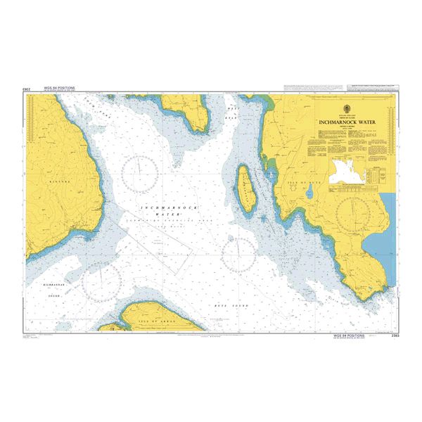 Product image of Admiralty Chart 2383 | Inchmarnock Water, featuring navigational markings, depth soundings, and coastal features, essential for safe marine navigation. It could be displayed as an art piece or used for navigation on a boat or ship.