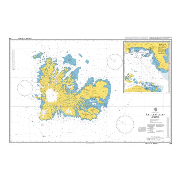 Product image of Admiralty Chart 2398 | Iles Kerguelen, featuring navigational markings, depth soundings, and coastal features, essential for safe marine navigation. It could be displayed as an art piece or used for navigation on a boat or ship.