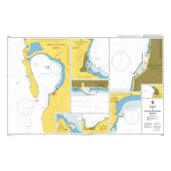 Product image of Admiralty Chart 2404 | Ports in South-Western Greece, featuring navigational markings, depth soundings, and coastal features, essential for safe marine navigation. It could be displayed as an art piece or used for navigation on a boat or ship.