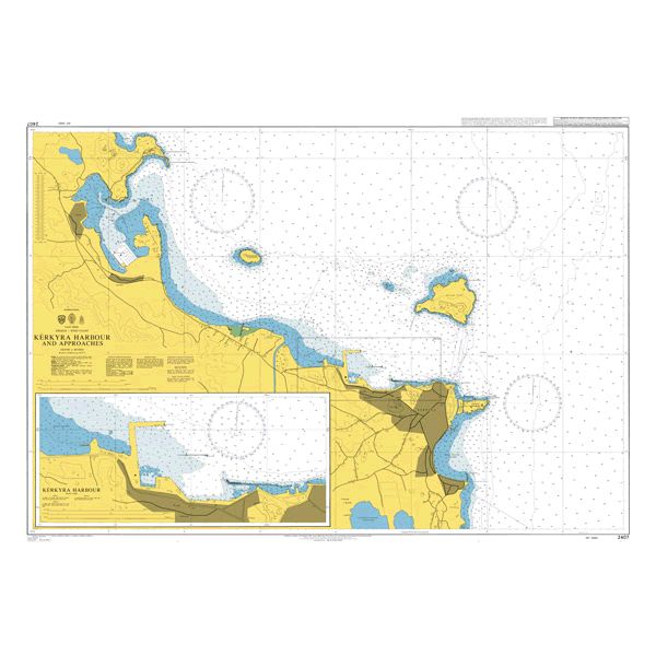 Product image of Admiralty Chart 2407 | Kerkyra Harbour and Approaches, featuring navigational markings, depth soundings, and coastal features, essential for safe marine navigation. It could be displayed as an art piece or used for navigation on a boat or ship.