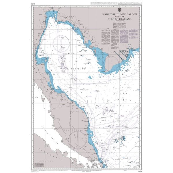 Product image of Admiralty Chart 2414 | Singapore to Song Sai Gon and the Gulf of Thailand, featuring navigational markings, depth soundings, and coastal features, essential for safe marine navigation. It could be displayed as an art piece or used for navigation on a boat or ship.