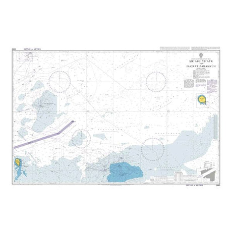 Product image of Admiralty Chart 2443 | Sir Abu Nu'ayr to Zirkuh, featuring navigational markings, depth soundings, and coastal features, essential for safe marine navigation. It could be displayed as an art piece or used for navigation on a boat or ship.