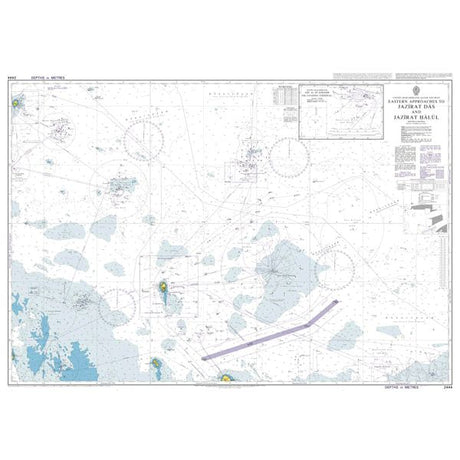 Product image of Admiralty Chart 2444 | Eastern Approaches to Jazirat Das and Jazirat Halul, featuring navigational markings, depth soundings, and coastal features, essential for safe marine navigation. It could be displayed as an art piece or used for navigation on a boat or ship.
