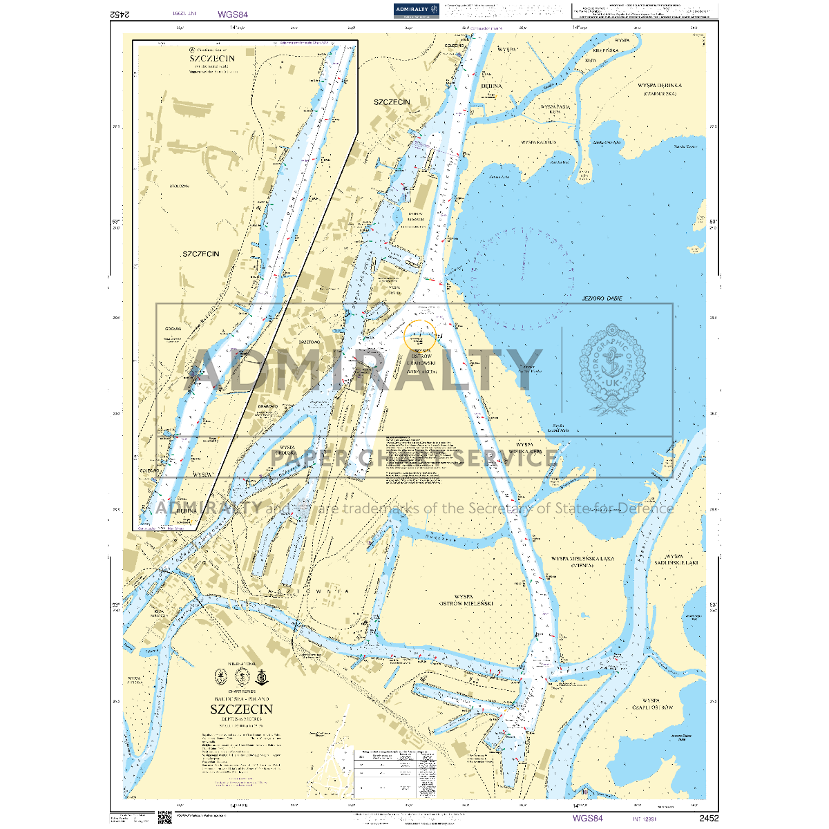 Product image of Admiralty Chart 2452 | Szczecin, featuring navigational markings, depth soundings, and coastal features, essential for safe marine navigation. It could be displayed as an art piece or used for navigation on a boat or ship.