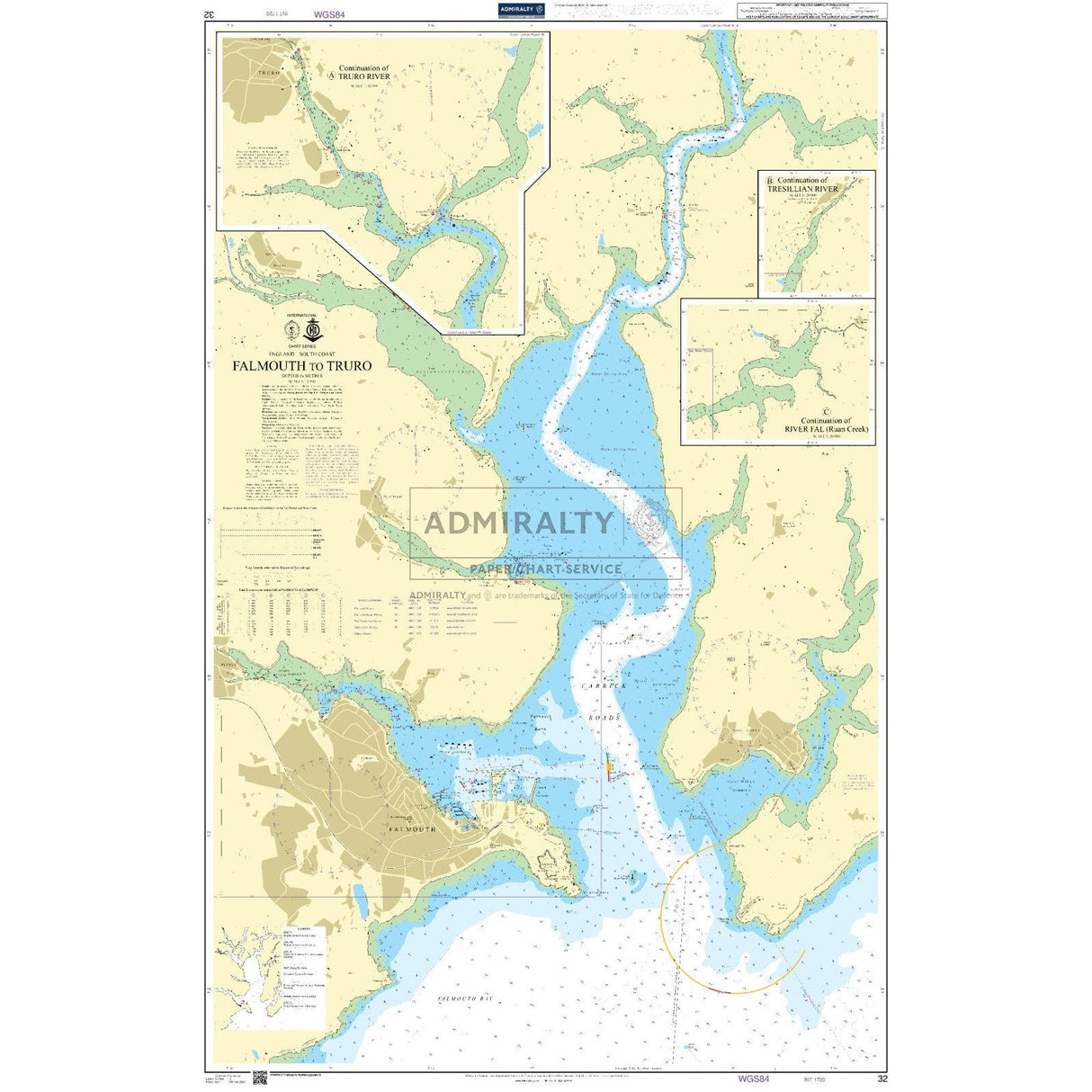 The Admiralty Chart 32: Falmouth to Truro by Admiralty displays maritime navigation routes, water depths, coastal features, and key area insets. The paper chart includes various navigational symbols and notes for mariners.