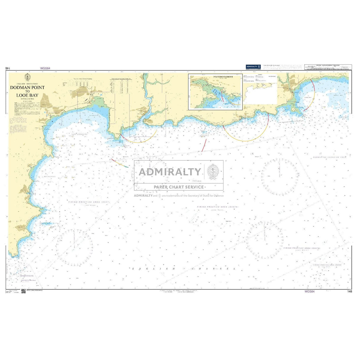 Admiralty Chart 148 details Dodman Point to Looe Bay on the Cornish coast, featuring depth measurements, navigation warnings, and coastal details for safe navigation. Insets display the Isles of Scilly and Plymouth Sound with marked lighthouses and buoys. Brand: Admiralty.