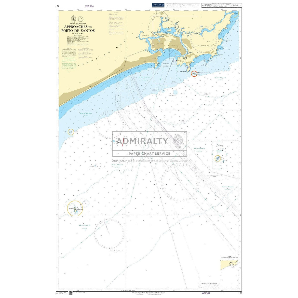 Admiralty Chart 191: Approaches to Porto de Santos by Admiralty features coastal outlines, depth markings, navigation routes, and key maritime symbols. Water is shown in blue and land in yellow for clear navigation reference.