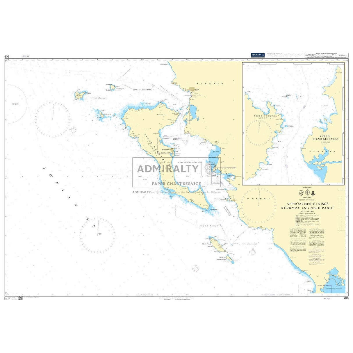 Admiralty Chart 205: Approaches to Nisos Kerkyra and Nisoi Paxoi—official Admiralty nautical chart with coastal outlines, depth markings, navigational aids, and an inset map of nearby Greek islands.