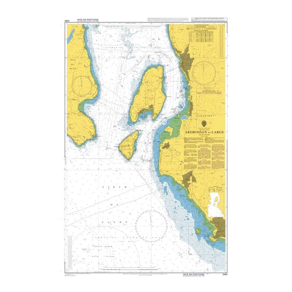 Product image of Admiralty Chart 2491 | Ardrossan to Largs, featuring navigational markings, depth soundings, and coastal features, essential for safe marine navigation. It could be displayed as an art piece or used for navigation on a boat or ship.