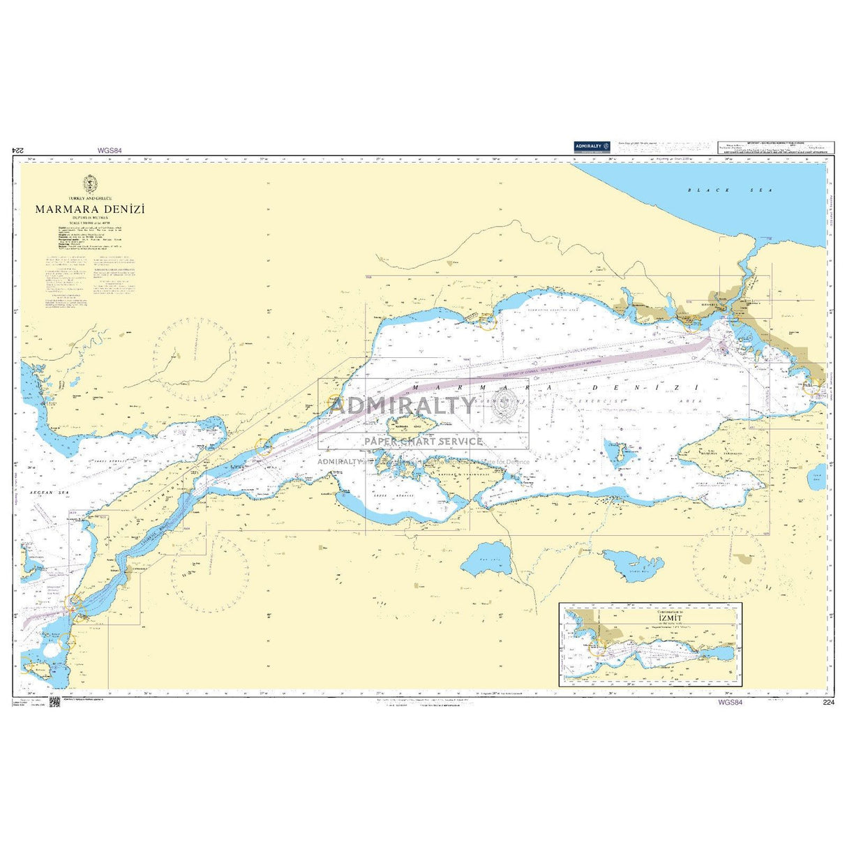 Admiralty Chart 224: Marmara Denizi by Admiralty shows the Sea of Marmara, Turkey, with navigation routes, coastlines, depths, ports, and an Izmit Bay inset. Based on official Admiralty Standard Nautical Charts.