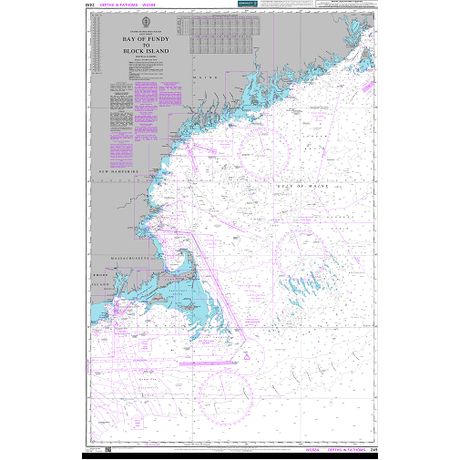 Product image of Admiralty Chart 2492 | Bay of Fundy to Block Island, featuring navigational markings, depth soundings, and coastal features, essential for safe marine navigation. It could be displayed as an art piece or used for navigation on a boat or ship.