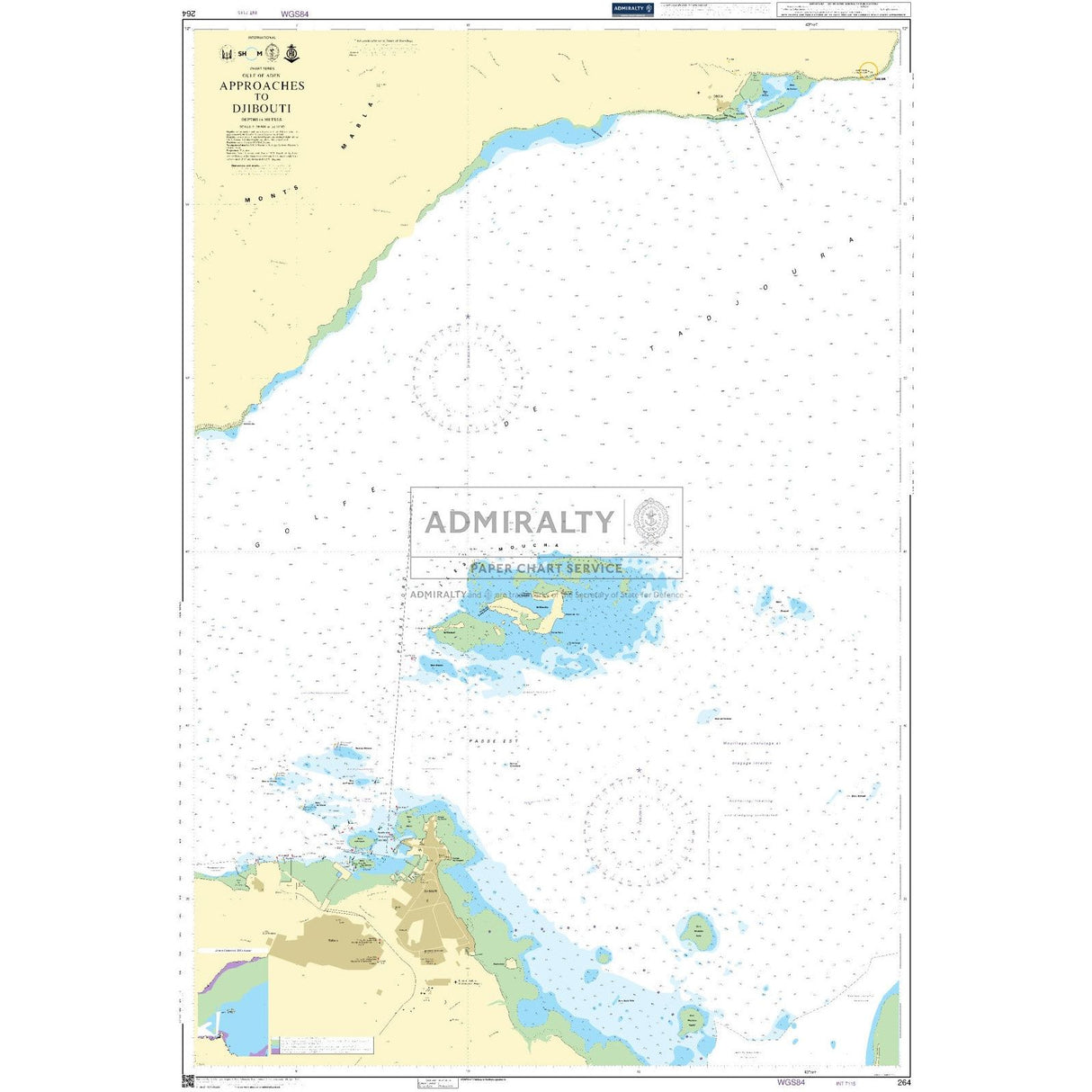 Admiralty Chart 264: Approaches to Djibouti by Admiralty shows port areas and nearby waters in the Gulf of Aden, with standard chart symbols, depth markings, and maritime labels for safe navigation.
