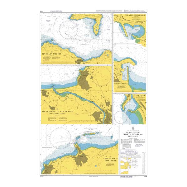Product image of Admiralty Chart 2494 | Plans on the North Coast of Ireland, featuring navigational markings, depth soundings, and coastal features, essential for safe marine navigation. It could be displayed as an art piece or used for navigation on a boat or ship.