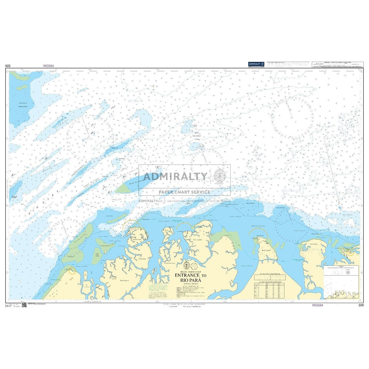 Admiralty Chart 329: Entrance to Rio Para by Admiralty details water depths, shipping lanes, islands, coastal outlines, sandbanks, and navigation notes for mariners at the entrance to Rio Pará, Brazil.