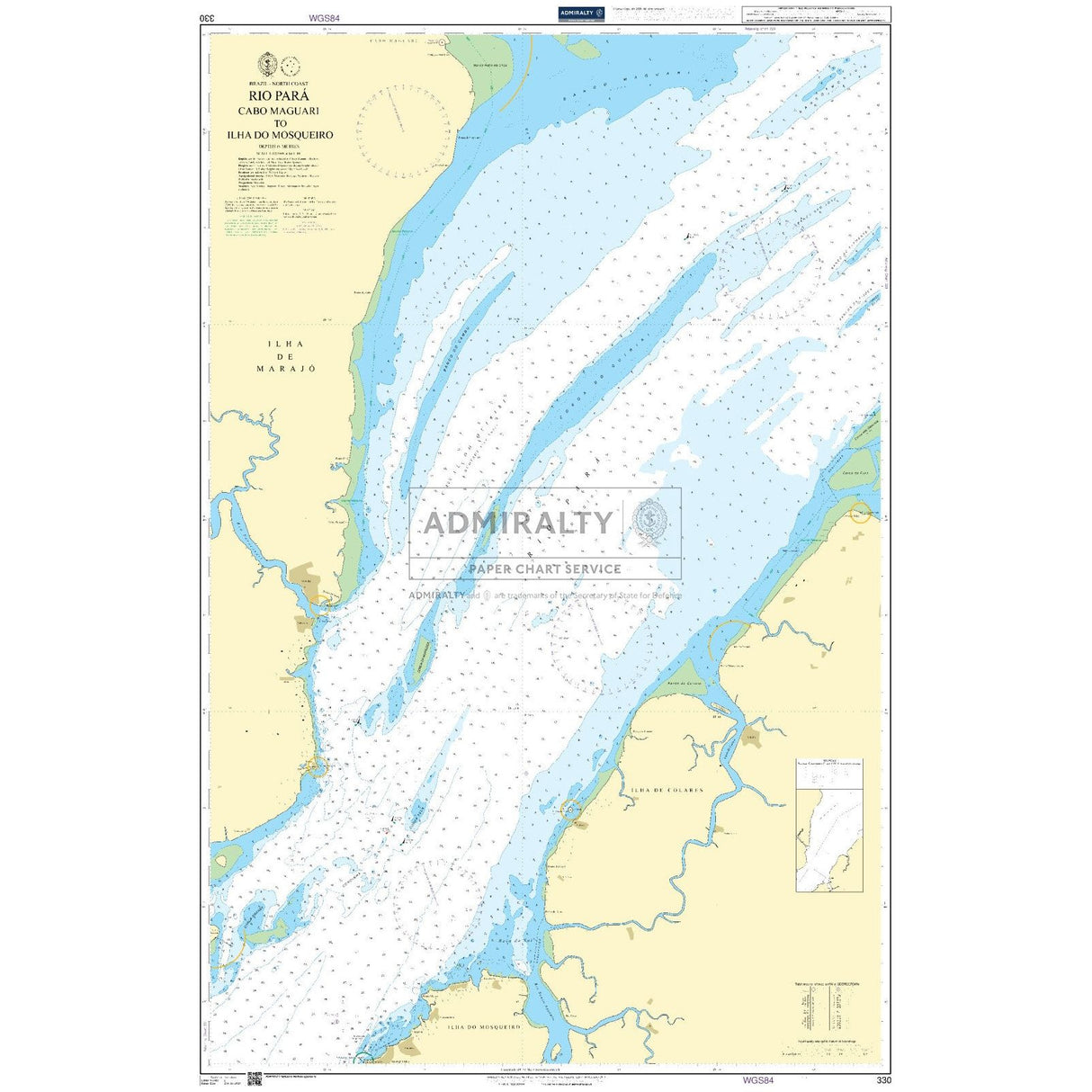Admiralty Chart 330: Rio Para Cabo Maguari to Ilha do Mosqueiro is an official paper chart from Admiralty, featuring depth markings and navigational aids in Portuguese and English per Admiralty standards.