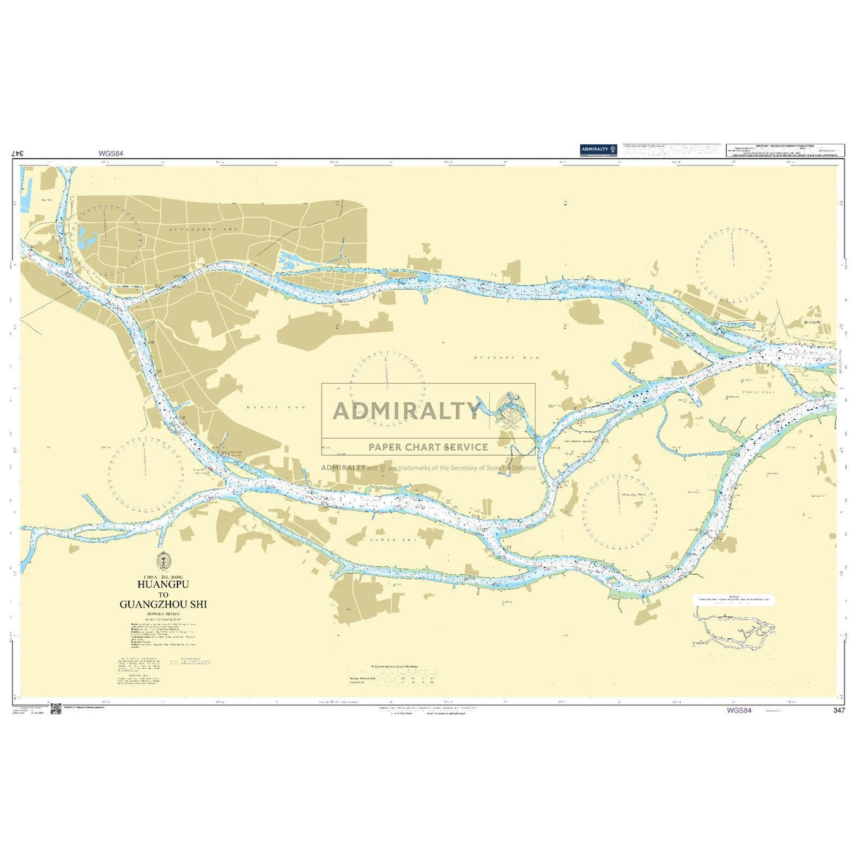 Admiralty Chart 347: Huangpu to Guangzhou Shi by Admiralty shows water routes, depths, coastal features, navigation aids, and land areas in blue, tan, and white along the Huangpu River in Guangzhou Shi, China.