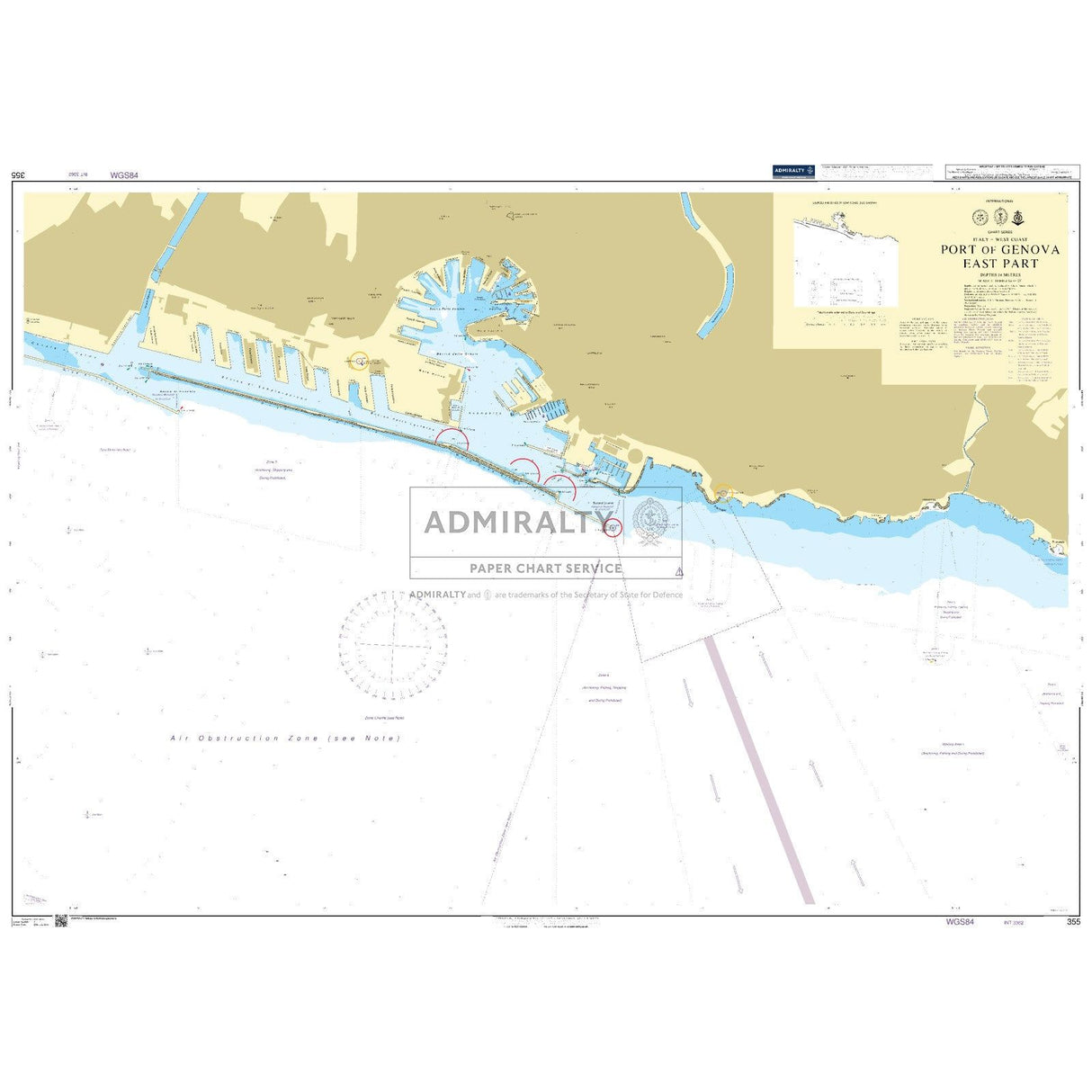 Admiralty Chart 355: Port of Genova East Part is an official paper chart by Admiralty, detailing harbor layout, docks, water depths, navigational markers, coastal features, and includes an inset map with annotations.