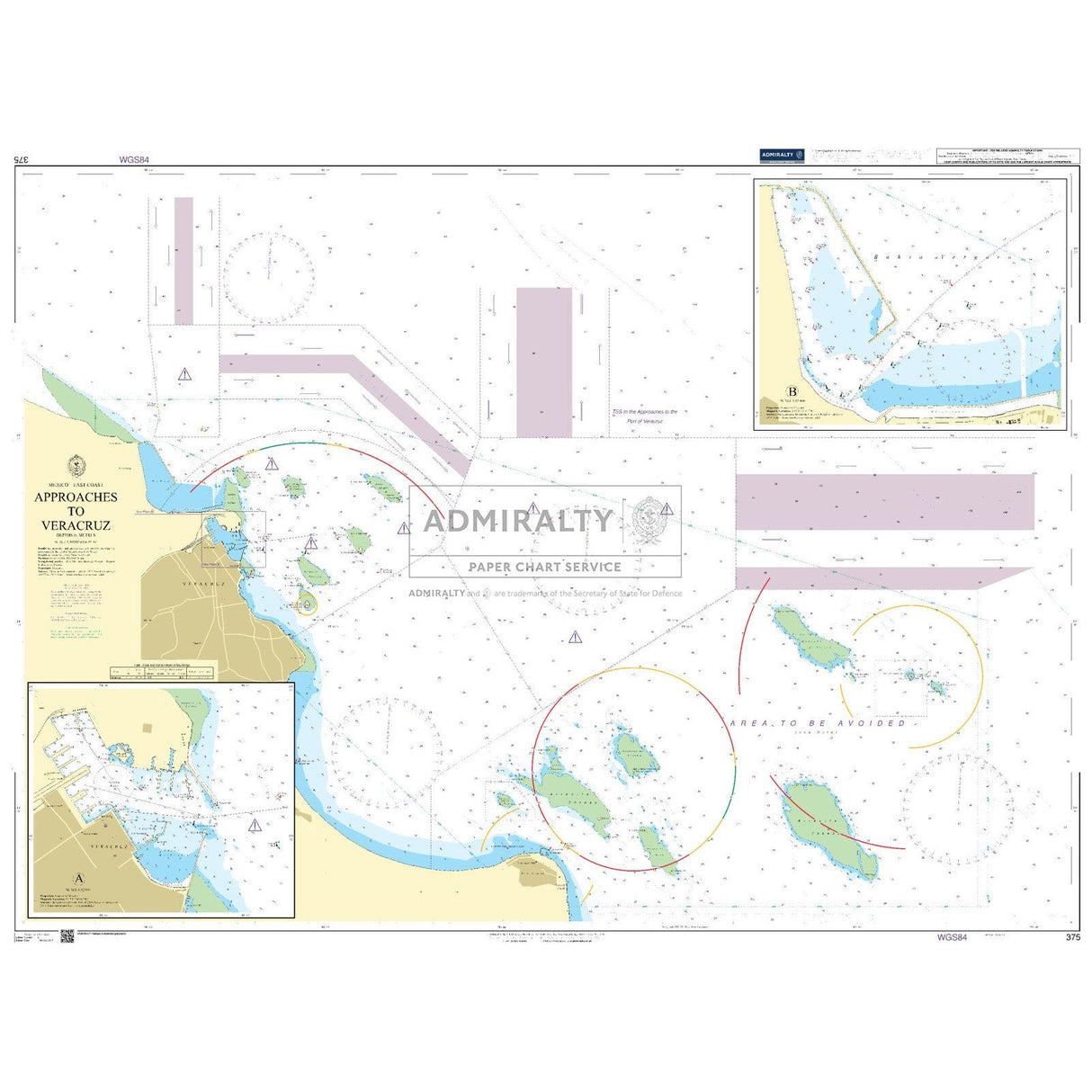 Admiralty Chart 375: Approaches to Veracruz by Admiralty follows Admiralty Standard Nautical Chart conventions, detailing navigation routes, depths, landmarks near Veracruz port, plus insets of islands and port zones.