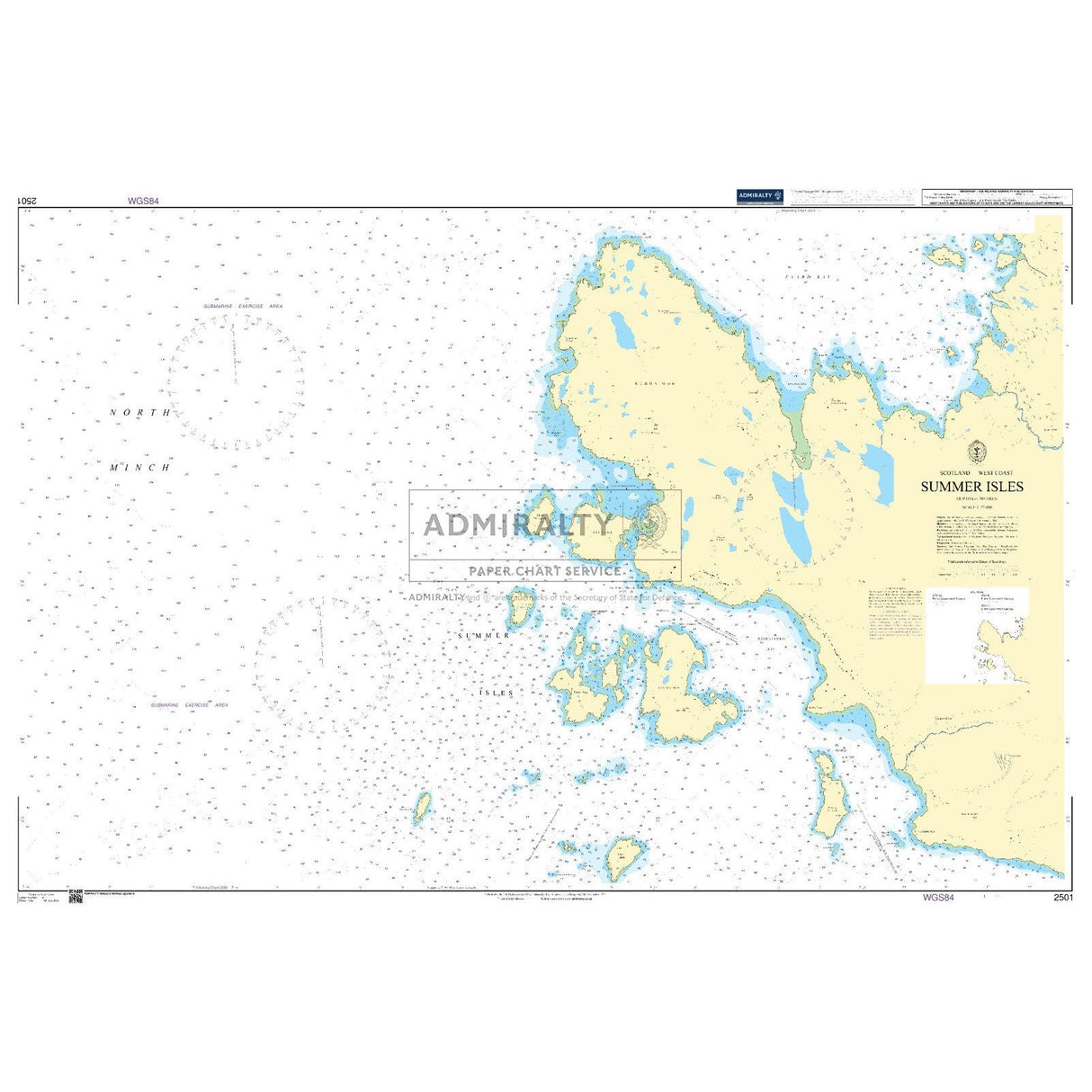 Admiralty Chart 2501: Summer Isles by Admiralty is a nautical chart showing coastal topography, water depths, hazards, and SOLAS symbols. Land appears yellow; sea is white and blue with navigation markings for safe navigation.