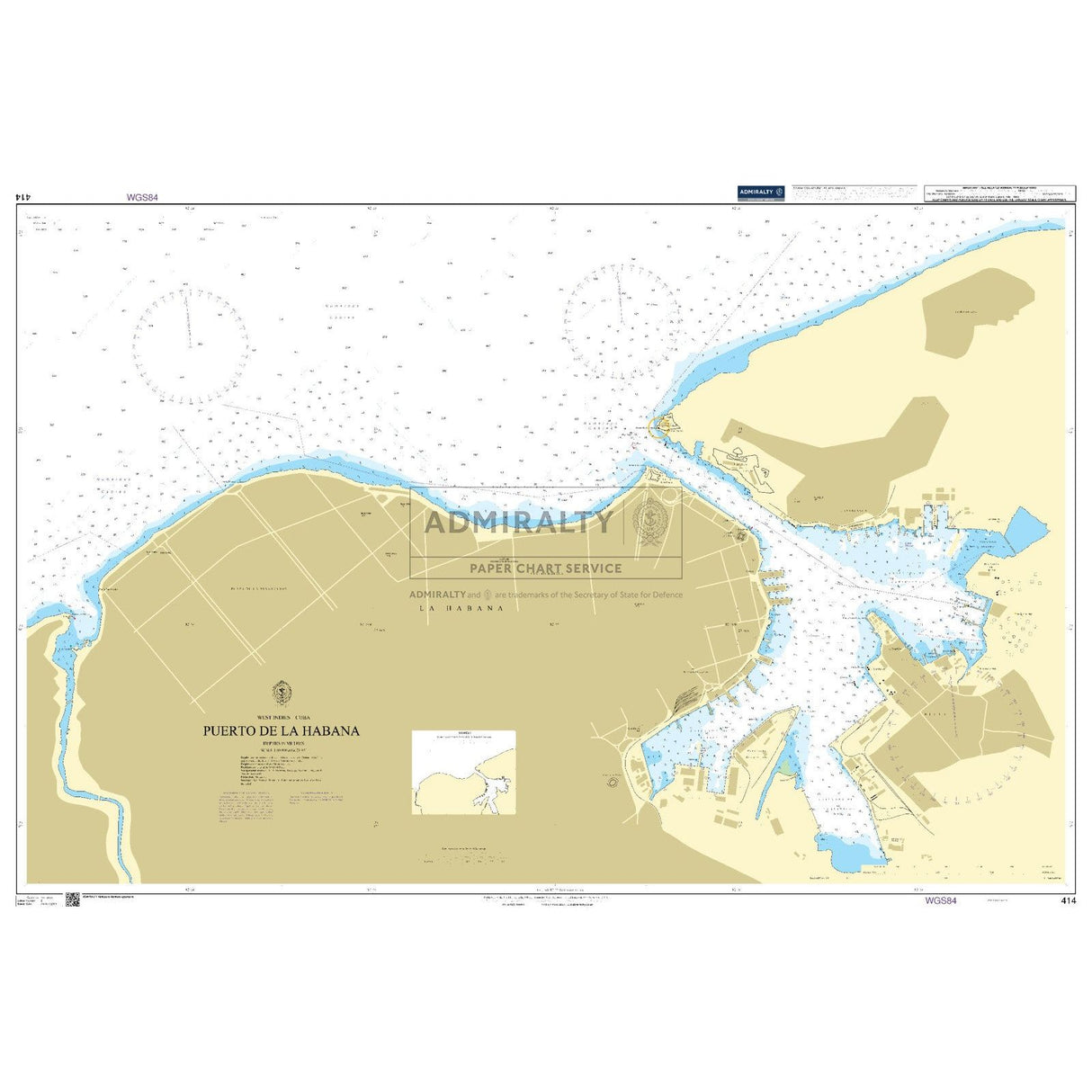 Admiralty Chart 414: Puerto de la Habana by Admiralty details coastal outlines, water depths, navigation aids, and harbor features of Havana. Includes "ADMIRALTY" and reference info centered as on UKHO Admiralty charts.