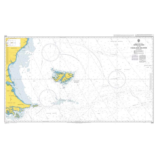 Product image of Admiralty Chart 2505 | Approaches to the Falkland Islands, featuring navigational markings, depth soundings, and coastal features, essential for safe marine navigation. It could be displayed as an art piece or used for navigation on a boat or ship.