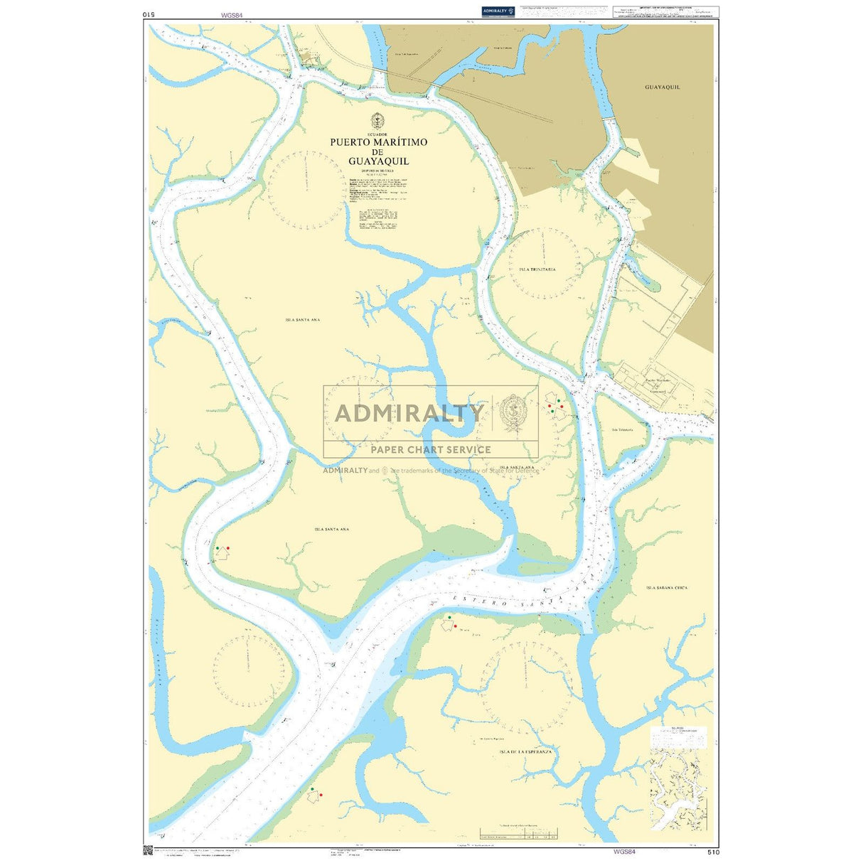 Admiralty Chart 510: Puerto Maritimo de Guayaquil by Admiralty clearly marks river channels, navigation routes, depths, land features, and infrastructure with labels and navigational aids for the port in Ecuador.