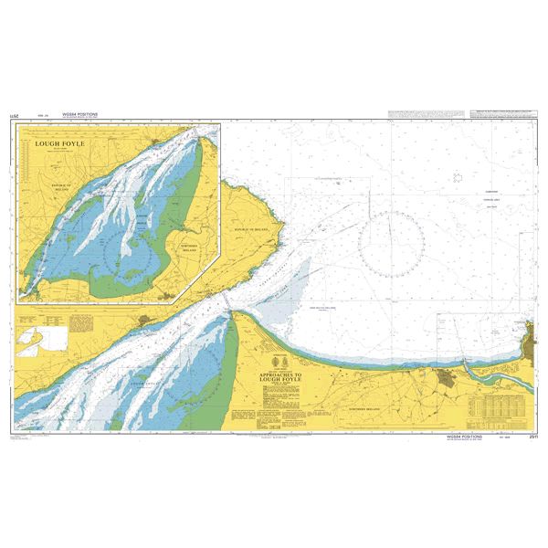 Product image of Admiralty Chart 2511 | Approaches to Lough Foyle, featuring navigational markings, depth soundings, and coastal features, essential for safe marine navigation. It could be displayed as an art piece or used for navigation on a boat or ship.