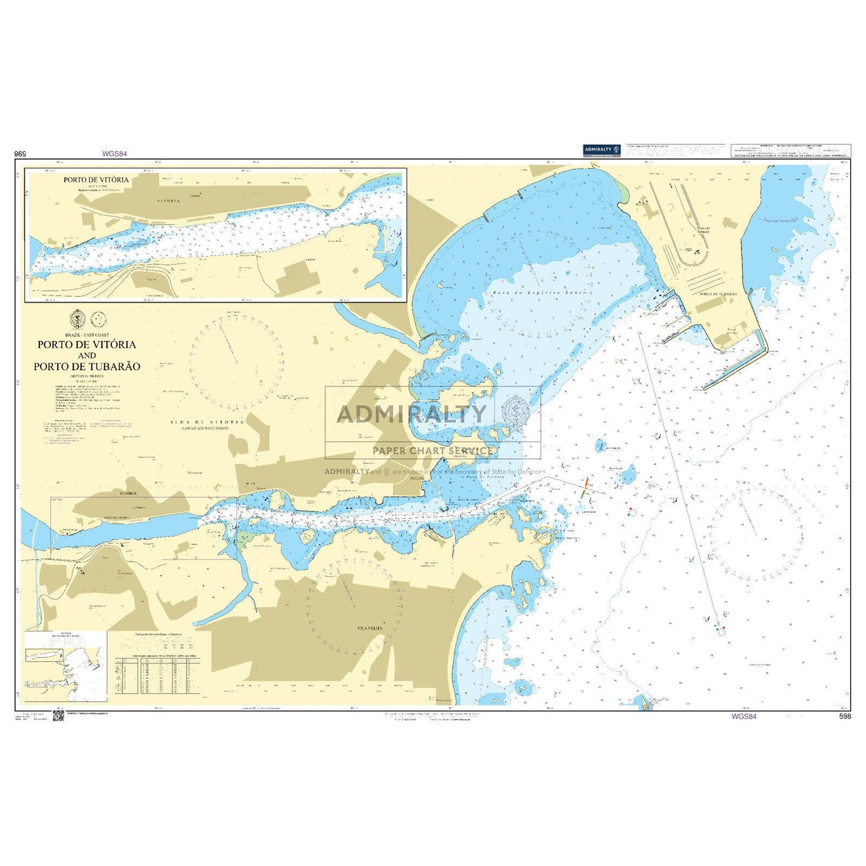 Admiralty Chart 598: Porto de Vitoria and Porto de Tubarao by Admiralty details water depths, ports, channels, buoys, landmarks, insets, and navigation aids for safe passage, based on UKHO Admiralty Charts.