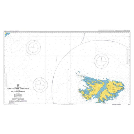 Product image of Admiralty Chart 2517 | North-Western Approaches to the Falkland Islands, featuring navigational markings, depth soundings, and coastal features, essential for safe marine navigation. It could be displayed as an art piece or used for navigation on a boat or ship.