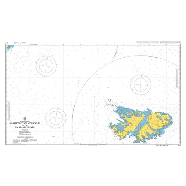 Product image of Admiralty Chart 2517 | North-Western Approaches to the Falkland Islands, featuring navigational markings, depth soundings, and coastal features, essential for safe marine navigation. It could be displayed as an art piece or used for navigation on a boat or ship.