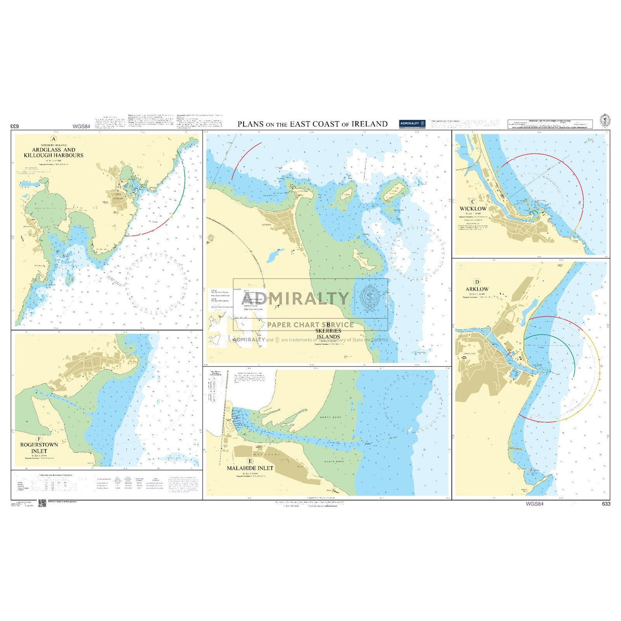 Admiralty's Chart 633 details the east coast of Ireland, covering Arklow, Wicklow, and Rogerstown. This SOLAS-compliant chart includes detailed maps, navigational aids, water depths, and coastal landmarks with inserts highlighting specific harbor areas for easy reference.