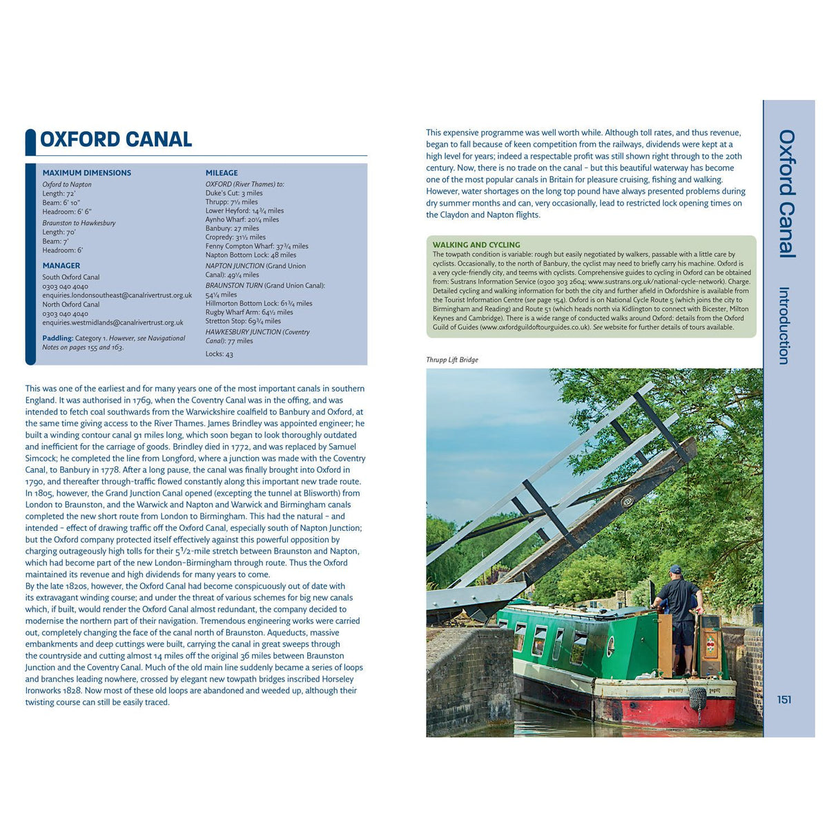 This image shows a two-page spread about the Oxford Canal from the Nicholson Waterways Guide 1: Grand Union, Oxford and the South East. The left page covers canal dimensions, mileage, and personnel; the right highlights walking and cycling with a photo of canal navigation featuring a narrowboat.