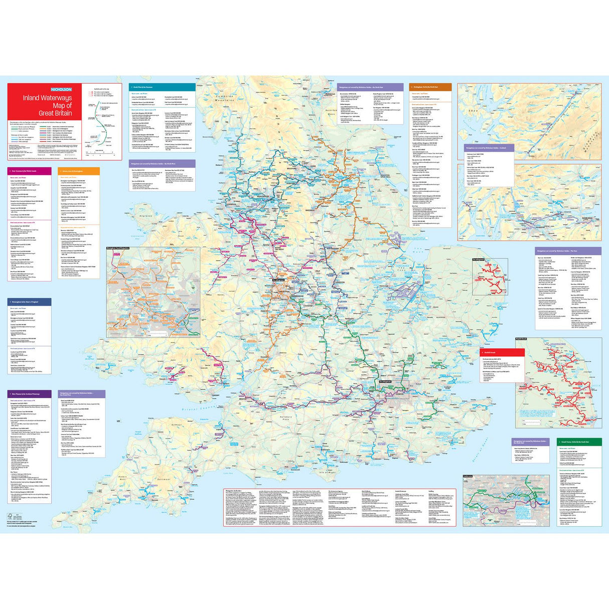 The Nicholson Inland Waterways Map of Great Britain by Nicholson features colorful canal and river routes, detailed region insets, and a navigation legend, making it an essential tool for waterways guides and river navigation.