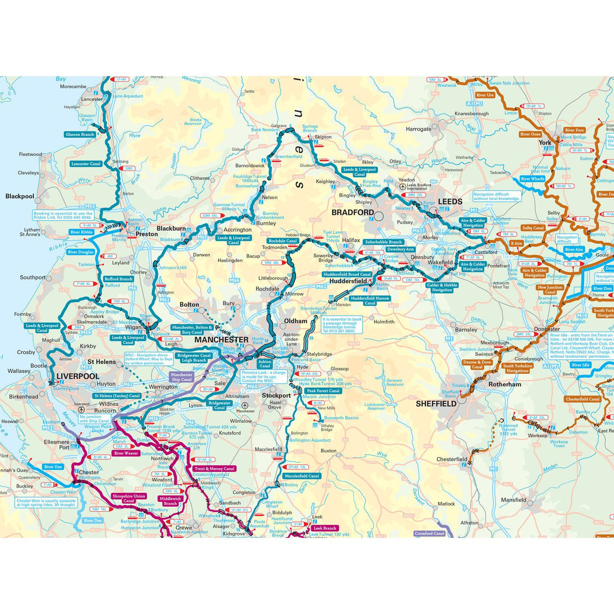 The Nicholson Inland Waterways Map of Great Britain illustrates rail networks in northern England, featuring cities like Manchester, Liverpool, Leeds, and Sheffield. Various colored lines indicate distinct routes alongside historic canals and rivers with labels for towns and train stations.