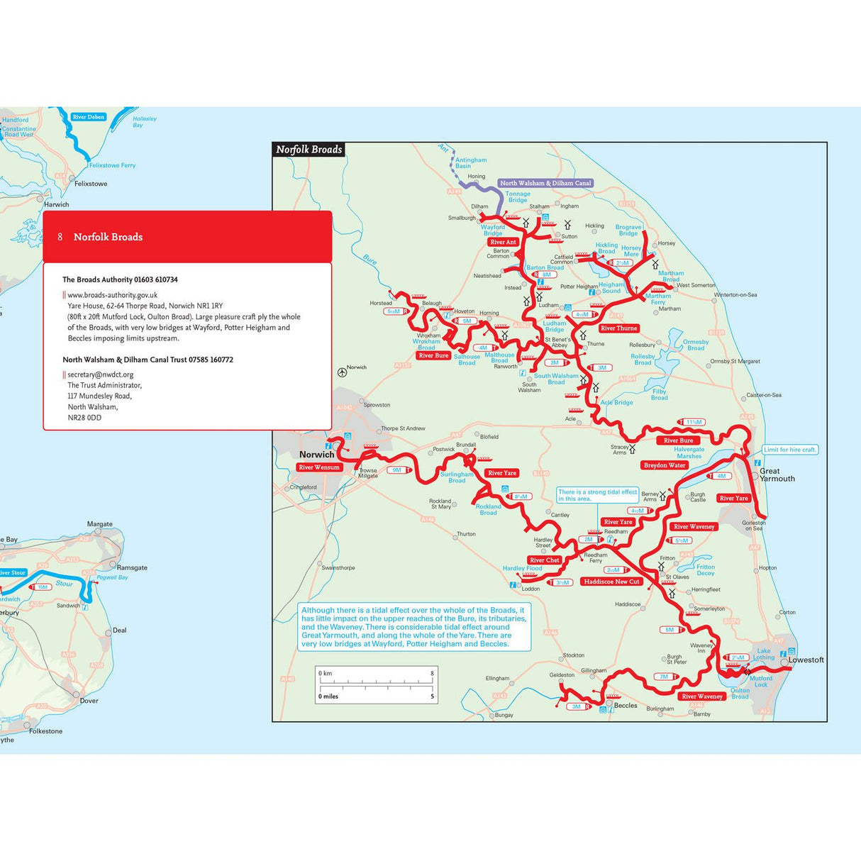 The Nicholson Inland Waterways Map of Great Britain shows river navigations in Norfolk, England, featuring rivers and lakes. It highlights key locations such as Norwich, Wroxham, and Great Yarmouth with red waterways guides. An inset provides The Broads Authority and canal trust contact info.