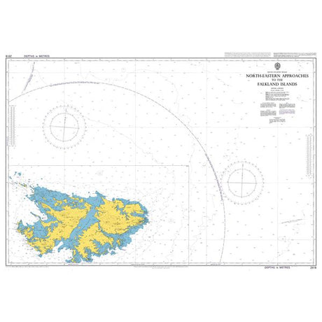 Product image of Admiralty Chart 2518 | North-Eastern Approaches to the Falkland Islands, featuring navigational markings, depth soundings, and coastal features, essential for safe marine navigation. It could be displayed as an art piece or used for navigation on a boat or ship.