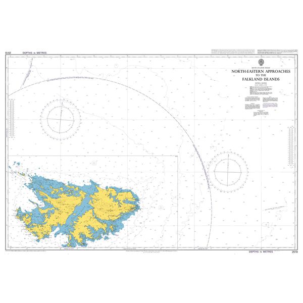 Product image of Admiralty Chart 2518 | North-Eastern Approaches to the Falkland Islands, featuring navigational markings, depth soundings, and coastal features, essential for safe marine navigation. It could be displayed as an art piece or used for navigation on a boat or ship.