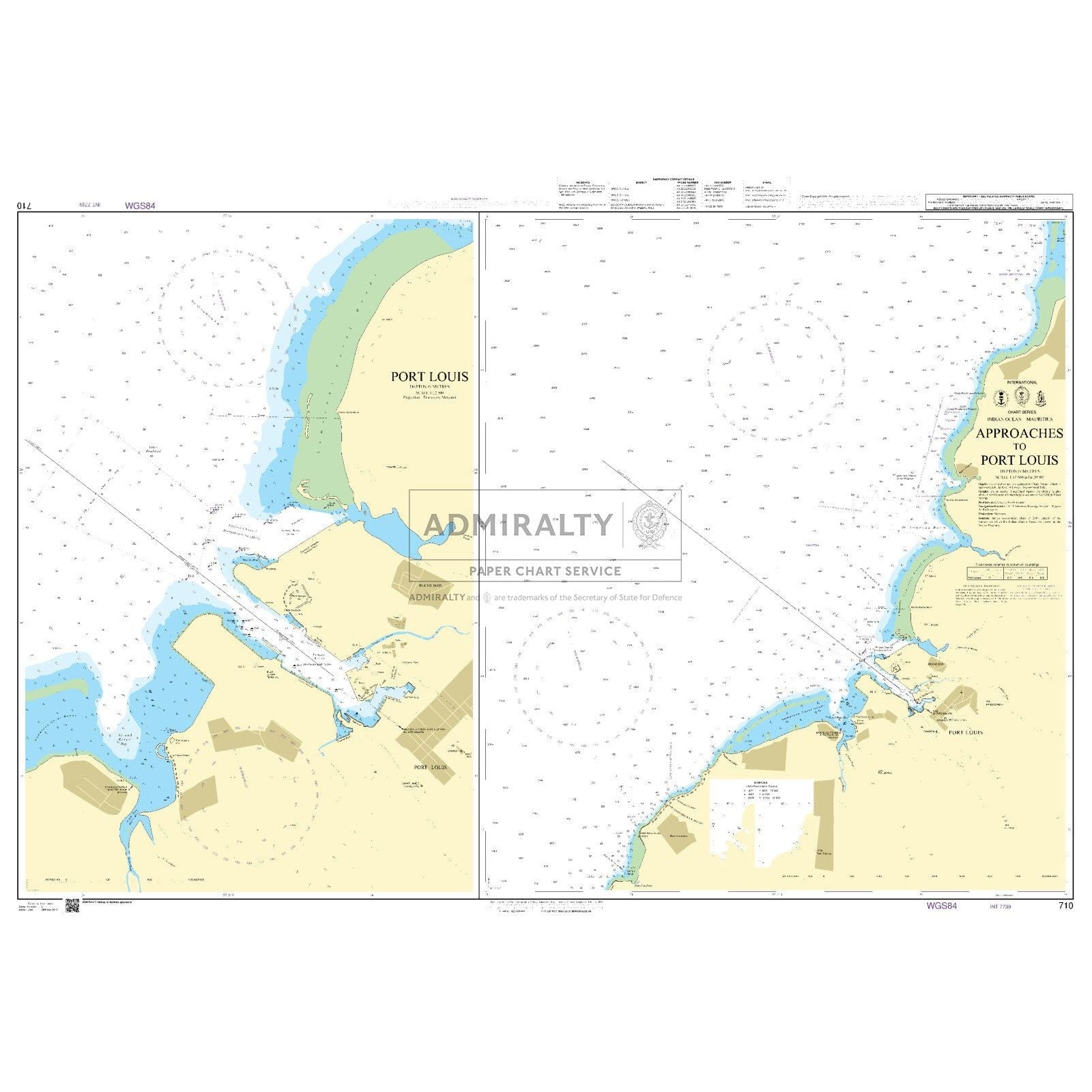 Admiralty Chart 710: Approaches to Port Louis by Admiralty displays UKHO chart standards, with coastal outlines, depths, navigation symbols, landmarks, maps, legends, and compass roses for vessels entering Port Louis.