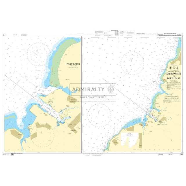 Admiralty Chart 710: Approaches to Port Louis by Admiralty displays UKHO chart standards, with coastal outlines, depths, navigation symbols, landmarks, maps, legends, and compass roses for vessels entering Port Louis.