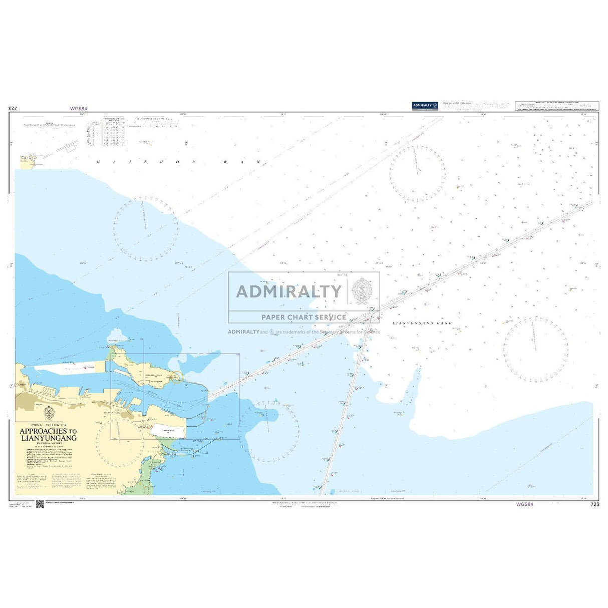 Admiralty Chart 723: Approaches to Lianyungang by Admiralty displays water depths, navigation routes, coastal outlines, maritime symbols, a legend, and detailed harbor mapping for Lianyungang port in China.