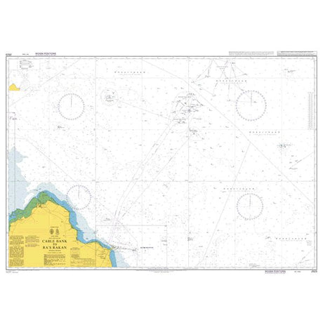 Product image of Admiralty Chart 2523 | Cable Bank to Ra's Rakan, featuring navigational markings, depth soundings, and coastal features, essential for safe marine navigation. It could be displayed as an art piece or used for navigation on a boat or ship.