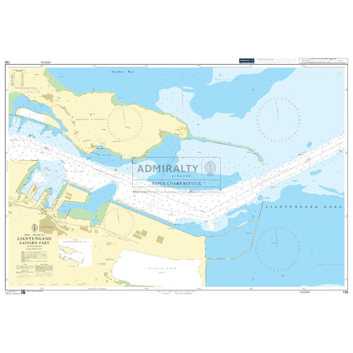 Admiralty Chart 738: Lianyungang Eastern Part by Admiralty presents detailed coastal areas, water depths, routes, docks, and harbor features with clear symbols for safe navigation.