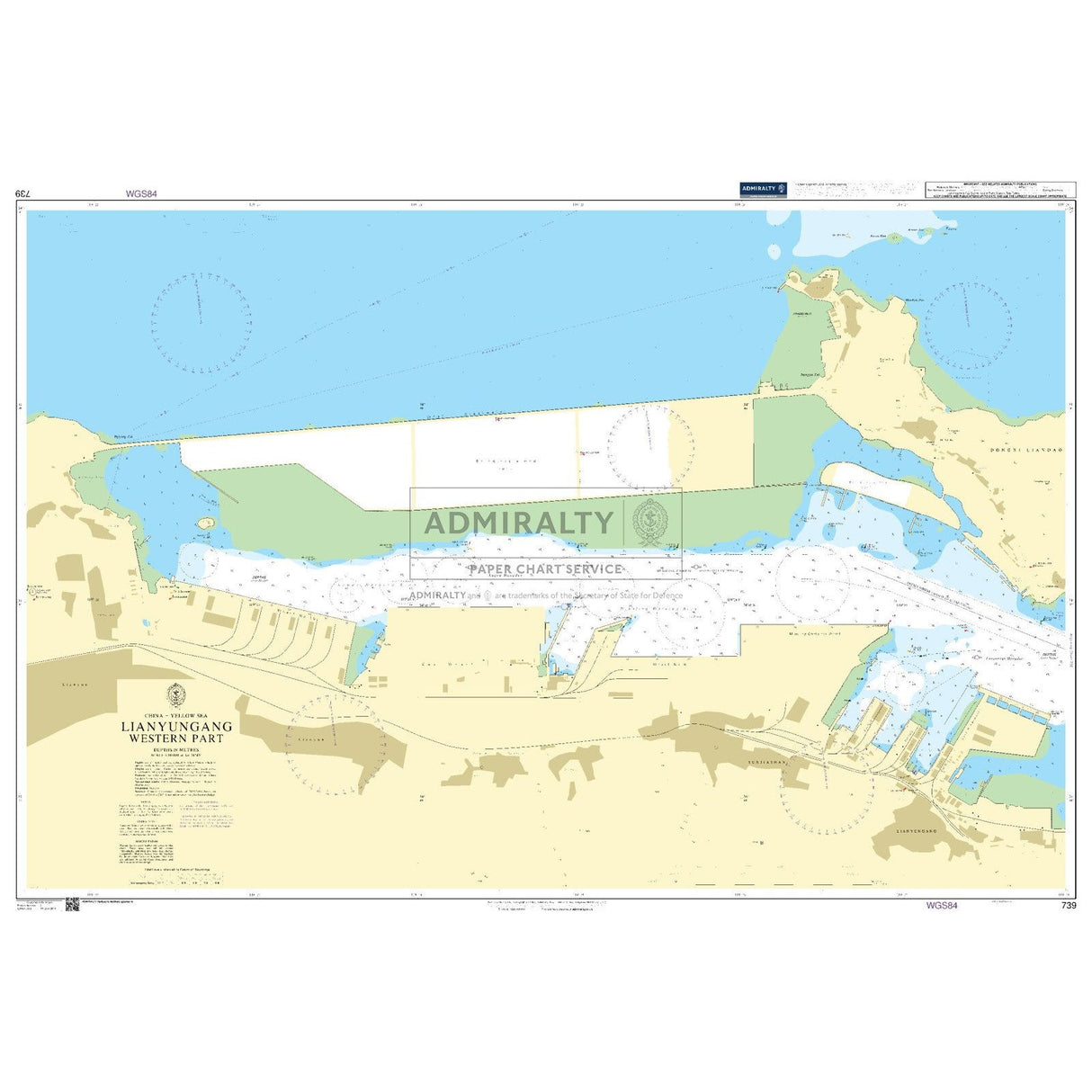 Admiralty Chart 739: Lianyungang Western Part by Admiralty displays detailed harbor layouts, docks, water depths, navigation aids, and land features per Admiralty Standard Nautical Chart conventions.